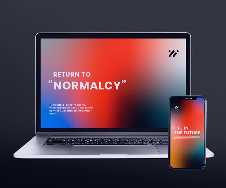 Laptop and smartphone displaying a meditation app with the text 'Return to normalcy'