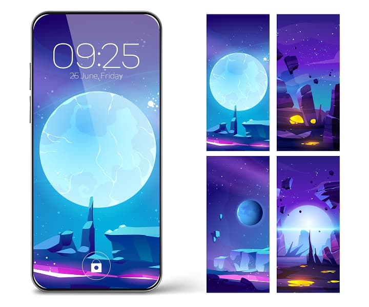 Mobile screens with fantasy-style illustrations and a moonlit landscape